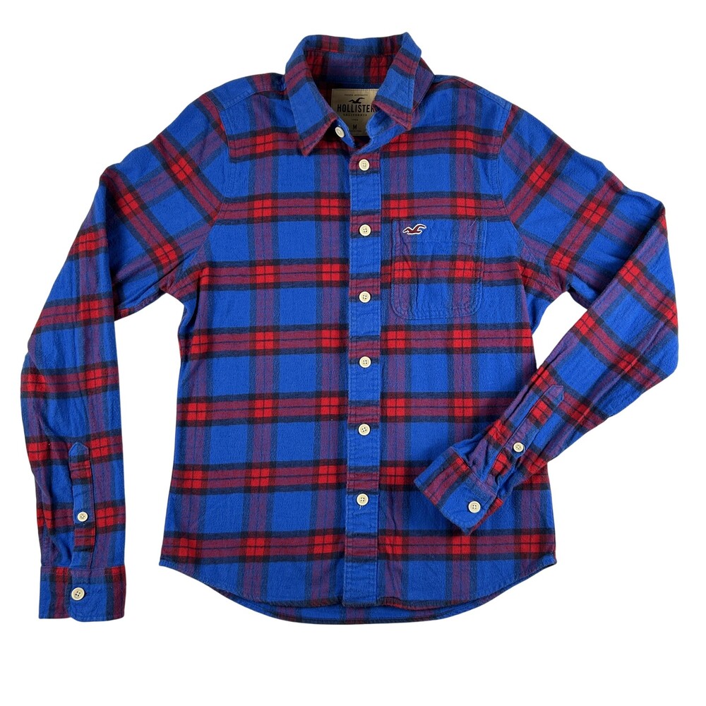 Vtg Hollister Shirt Mens Medium Blue Red Plaid Flannel Long Sleeve Button Front